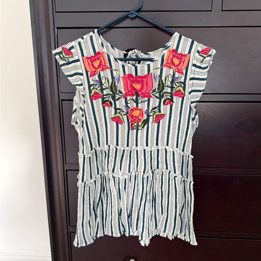 THML Navy and Cream Striped Top with Red Floral Embroidery